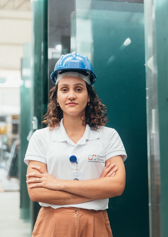 Professional woman in hard hat at glass factory, showcasing industry empowerment.
